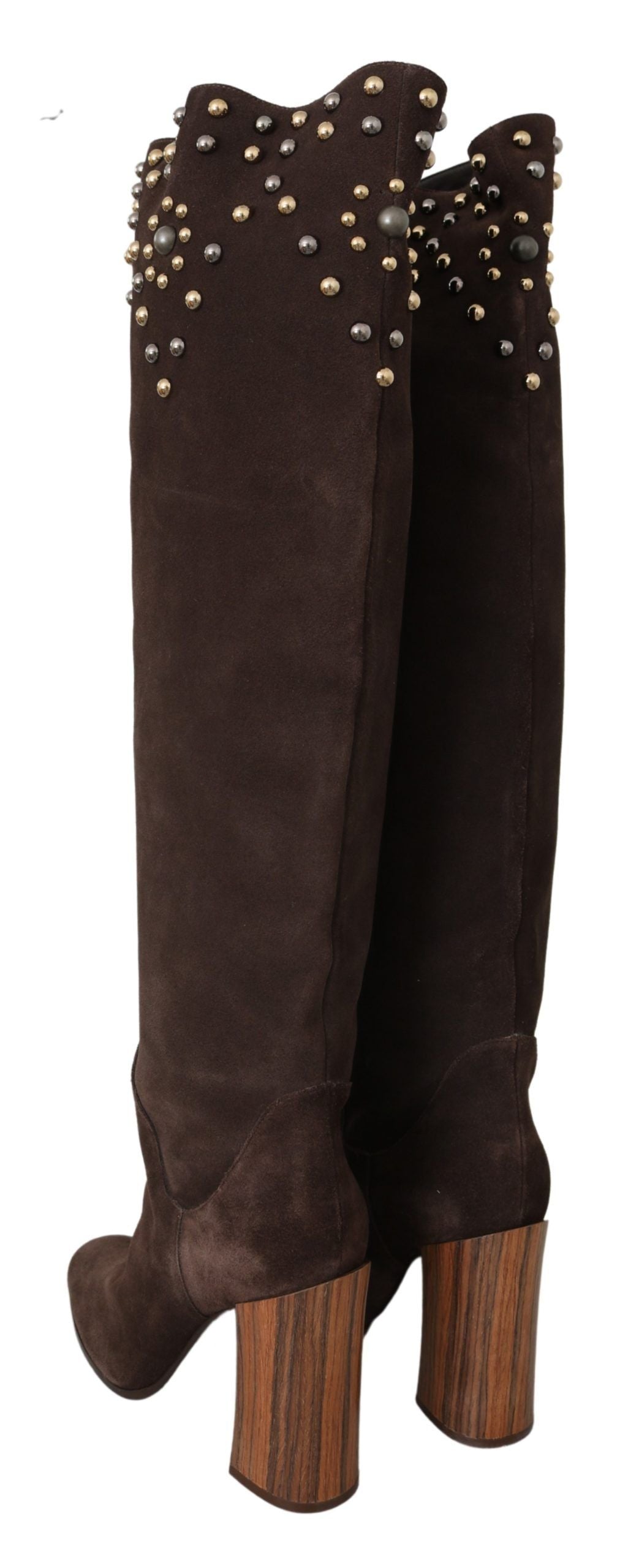 - Studded Suede Knee High Boots in Brown