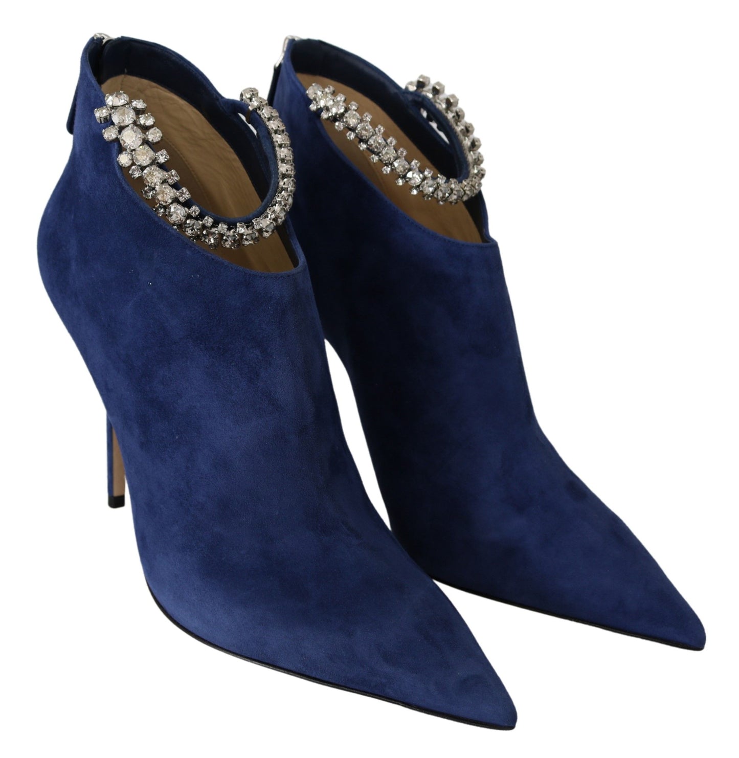 - Pop Blue Crystal-Strap Heeled Boots