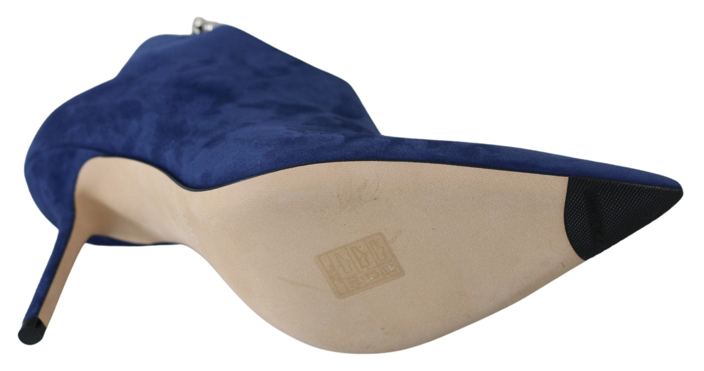 - Pop Blue Crystal-Strap Heeled Boots