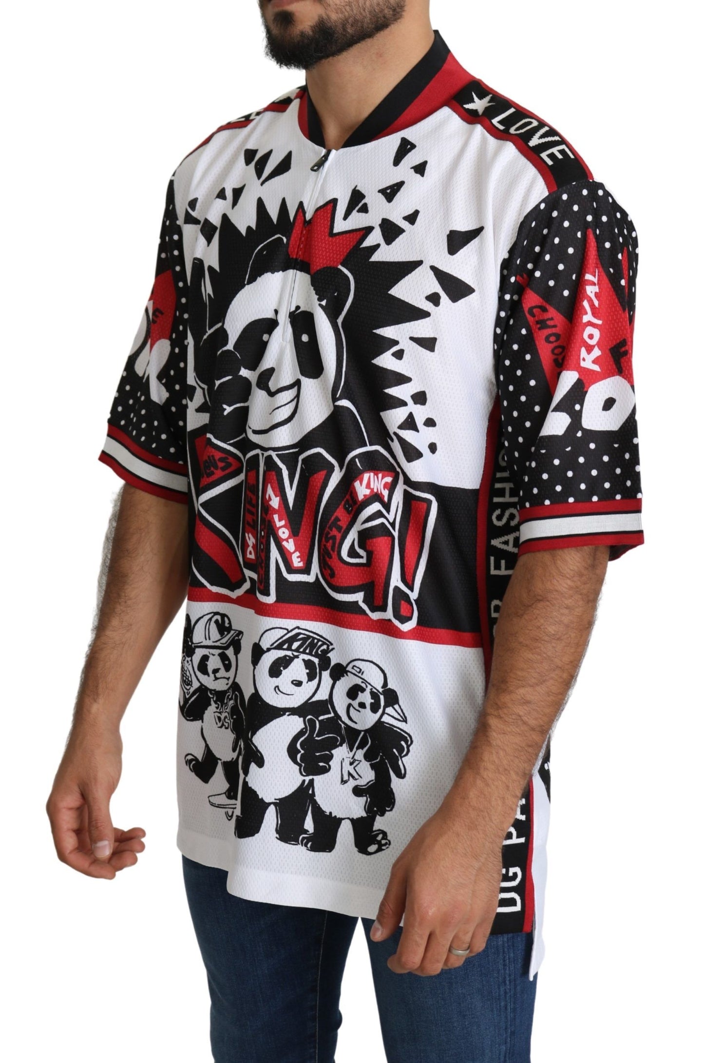 - Chic White King Panda Print Zipper Collar Tee