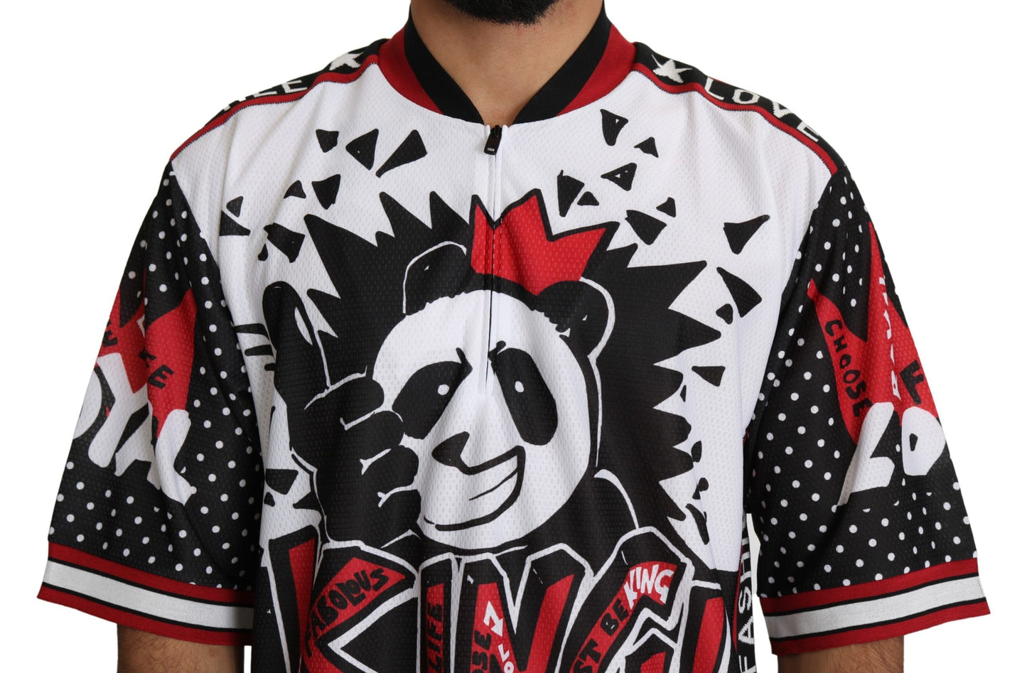 - Chic White King Panda Print Zipper Collar Tee