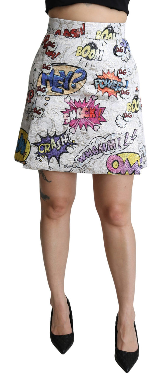 Dolce & Gabbana White Cartoon Brocade High-Waist Mini Skirt – Luxury Italian Playfulness