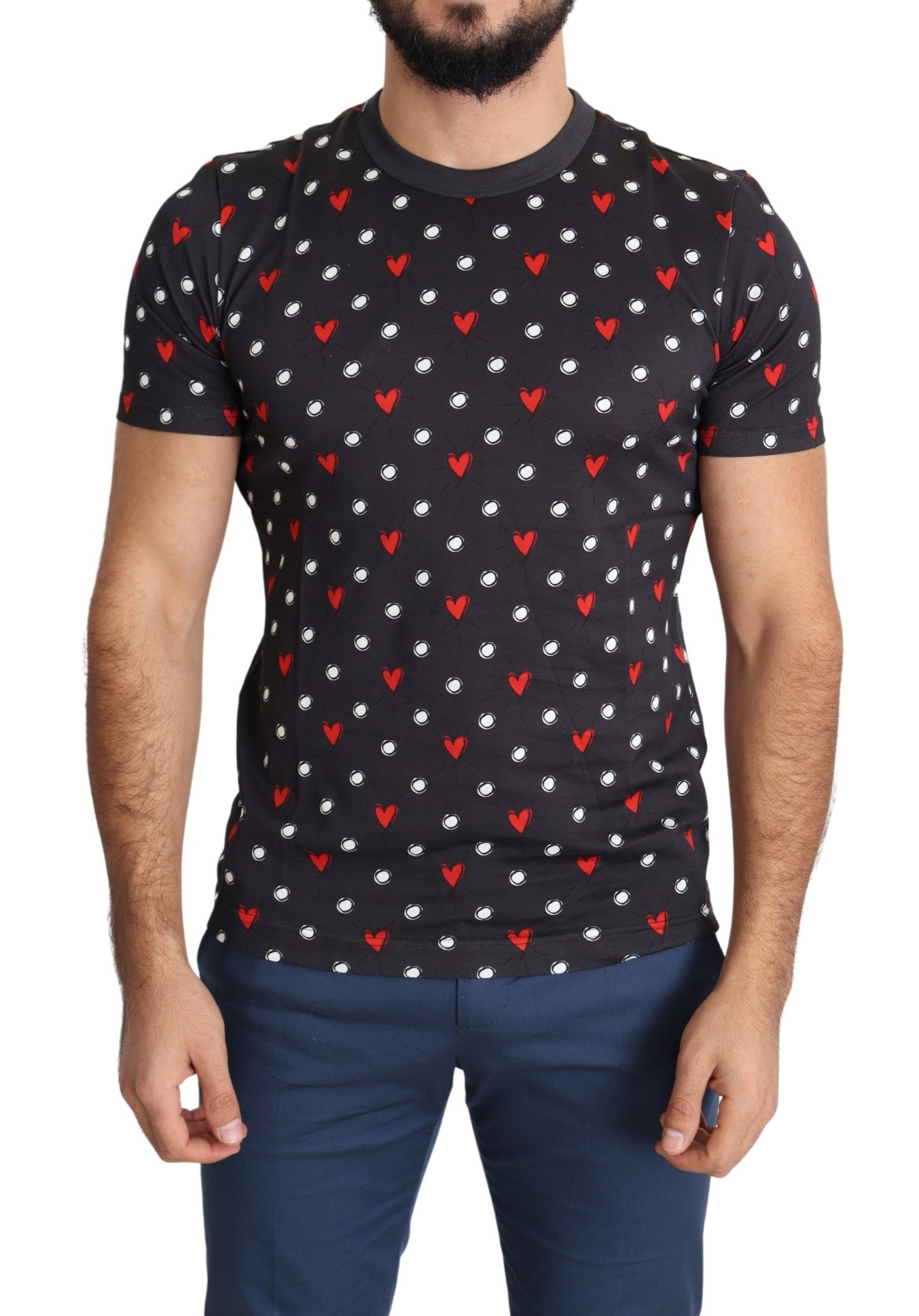 - Chic Gray Cotton T-Shirt with Heart Prints