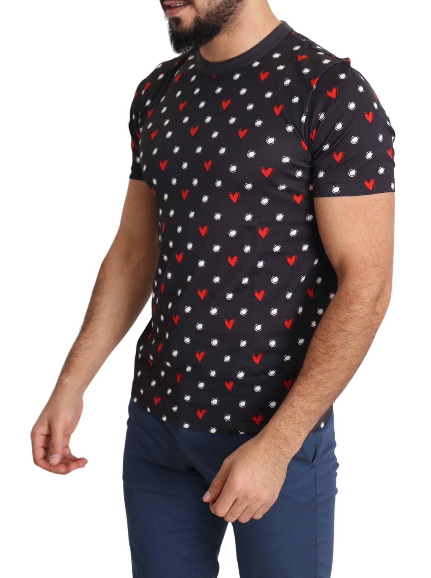 - Chic Gray Cotton T-Shirt with Heart Prints