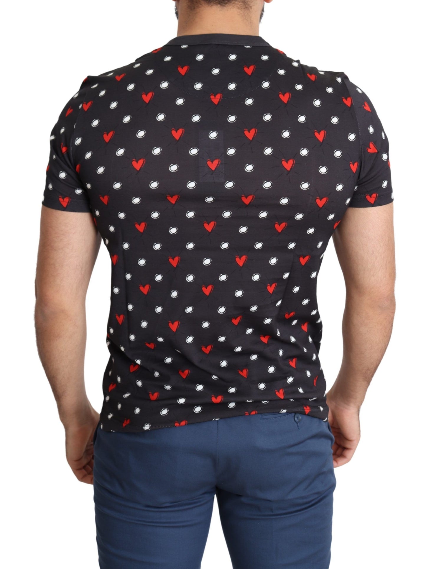 - Chic Gray Cotton T-Shirt with Heart Prints