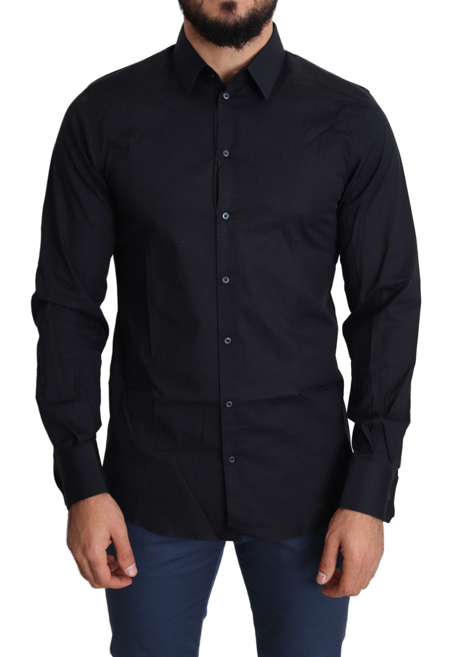 - Sleek Black Slim Fit Cotton Stretch Dress Shirt