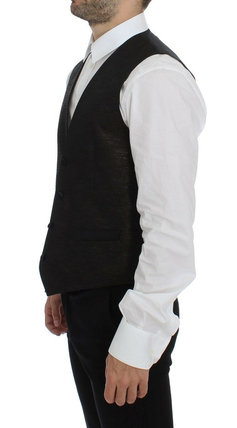 - Elegant Brown Black Wool Blend Dress Vest
