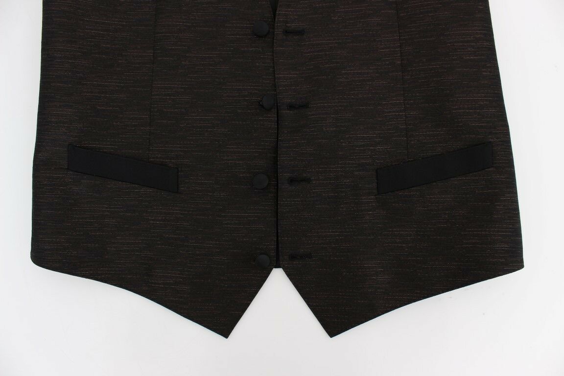 - Elegant Brown Black Wool Blend Dress Vest