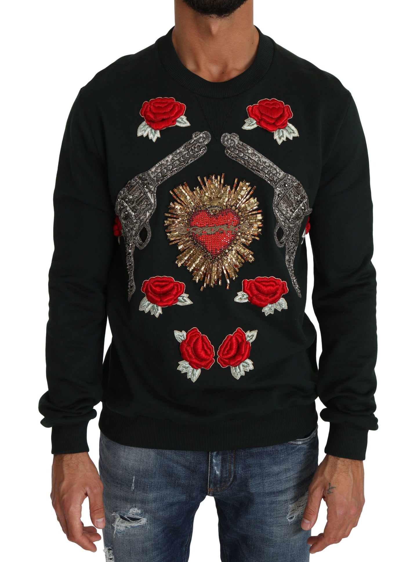 - Emerald Cotton Sweater with Crystal Embroidery