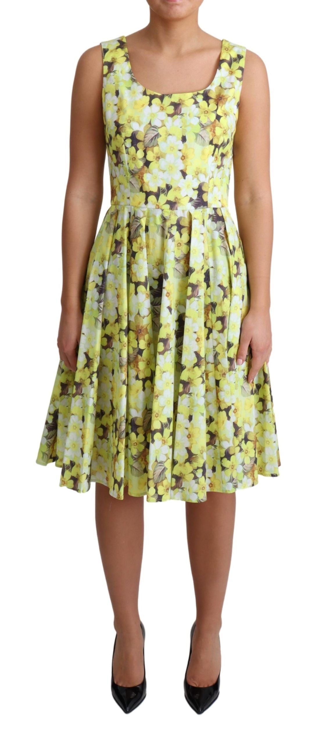 - Elegant Yellow Floral A-Line Sleeveless Dress