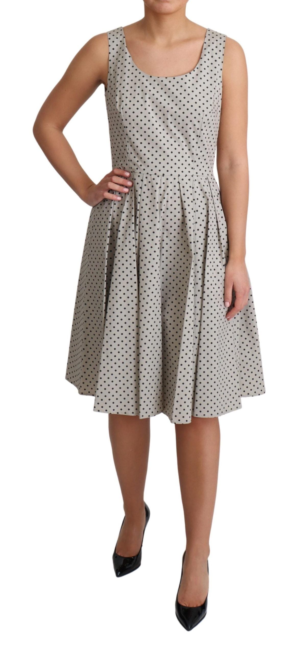 - Polka-Dotted Beige Sleeveless A-line Dress