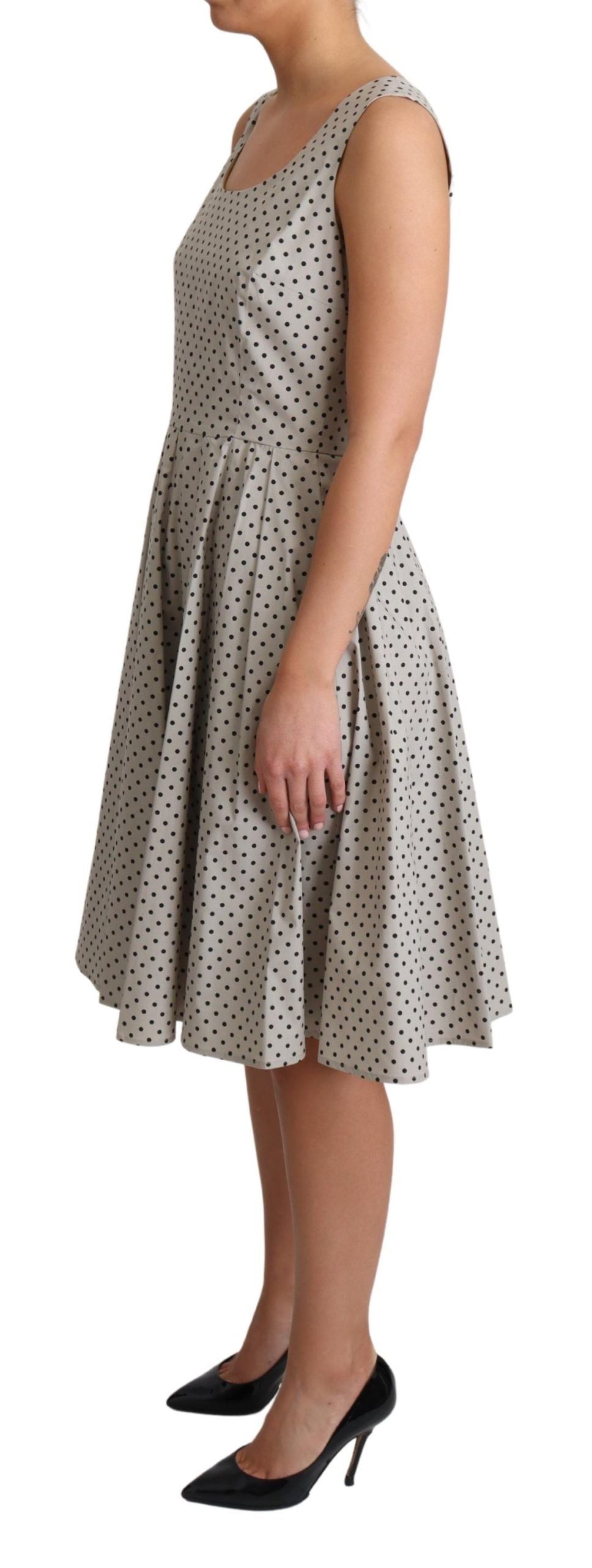 - Polka-Dotted Beige Sleeveless A-line Dress