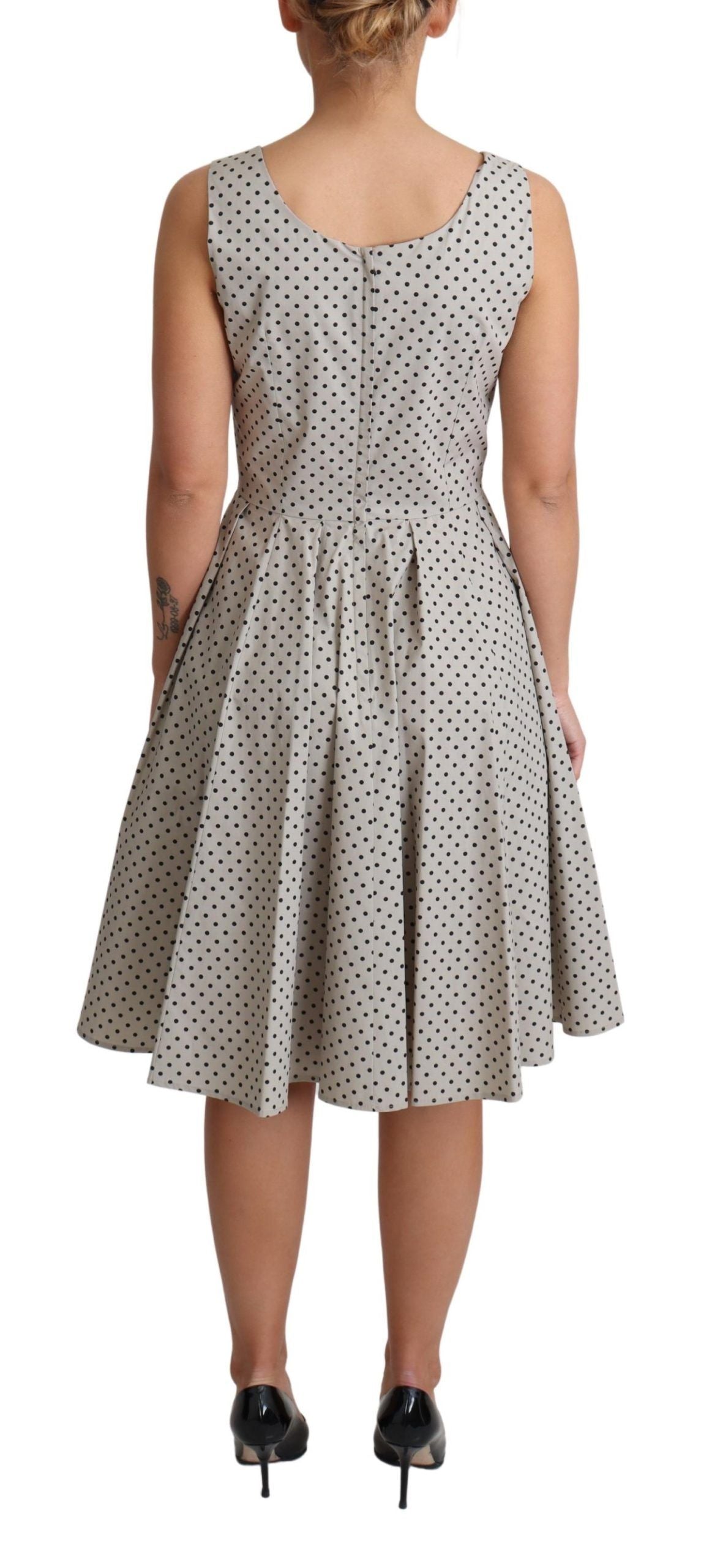 - Polka-Dotted Beige Sleeveless A-line Dress