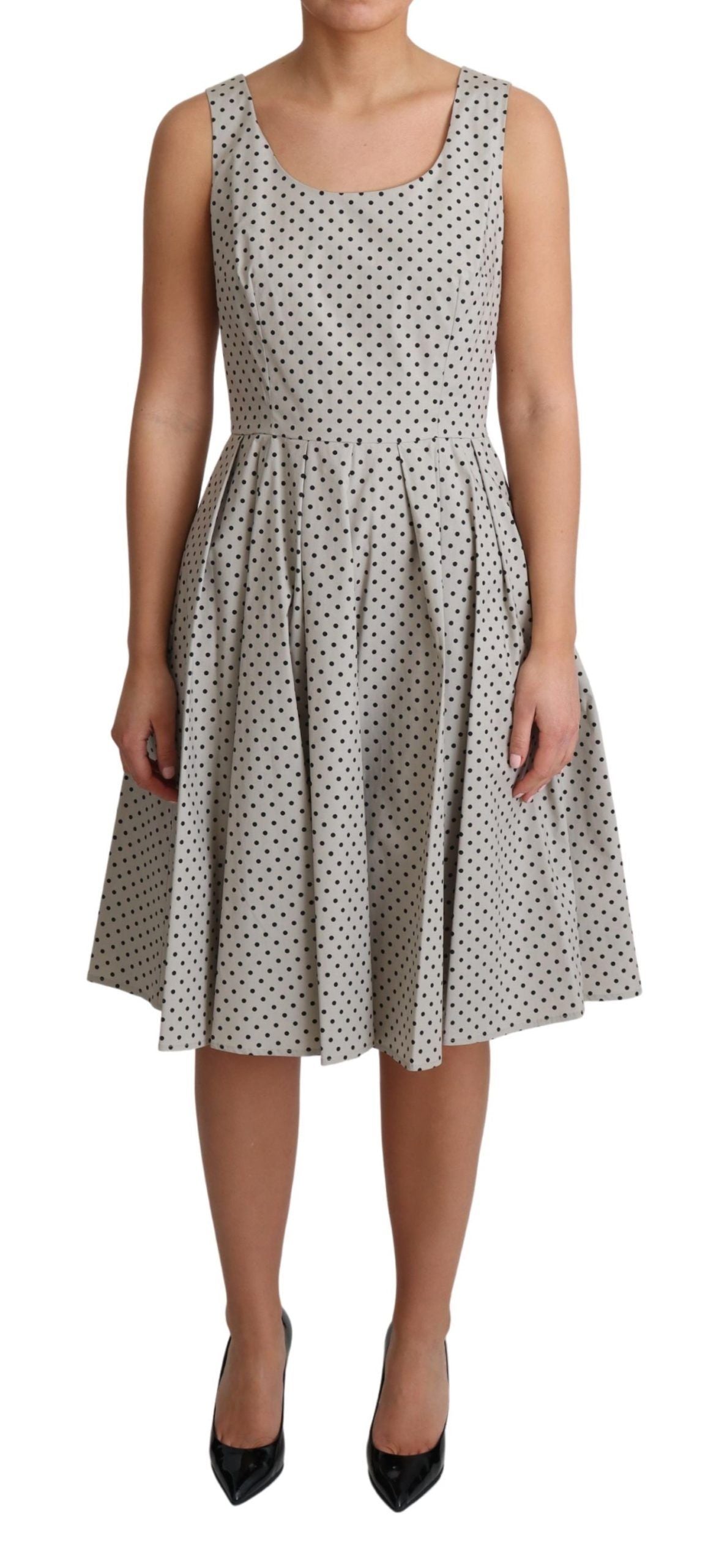 - Polka-Dotted Beige Sleeveless A-line Dress