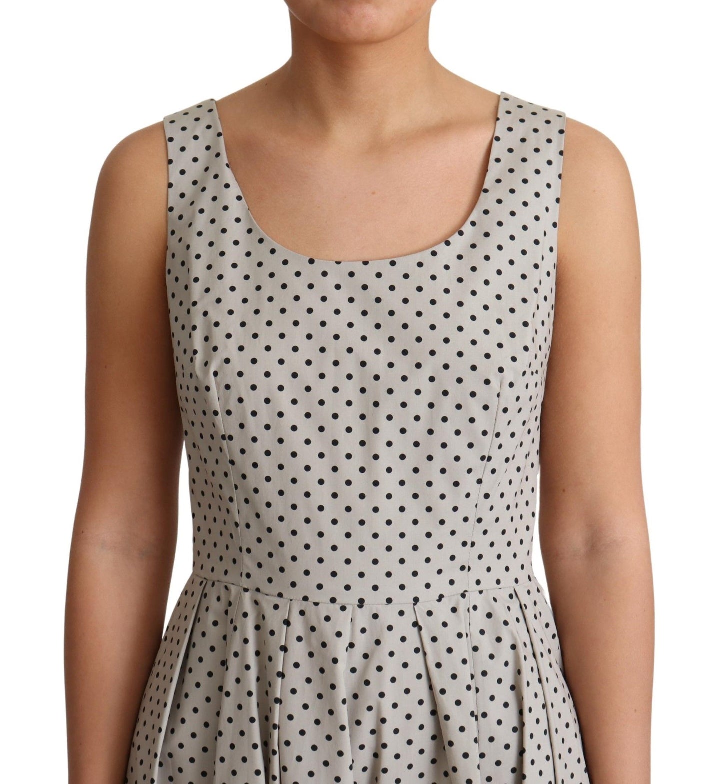 - Polka-Dotted Beige Sleeveless A-line Dress