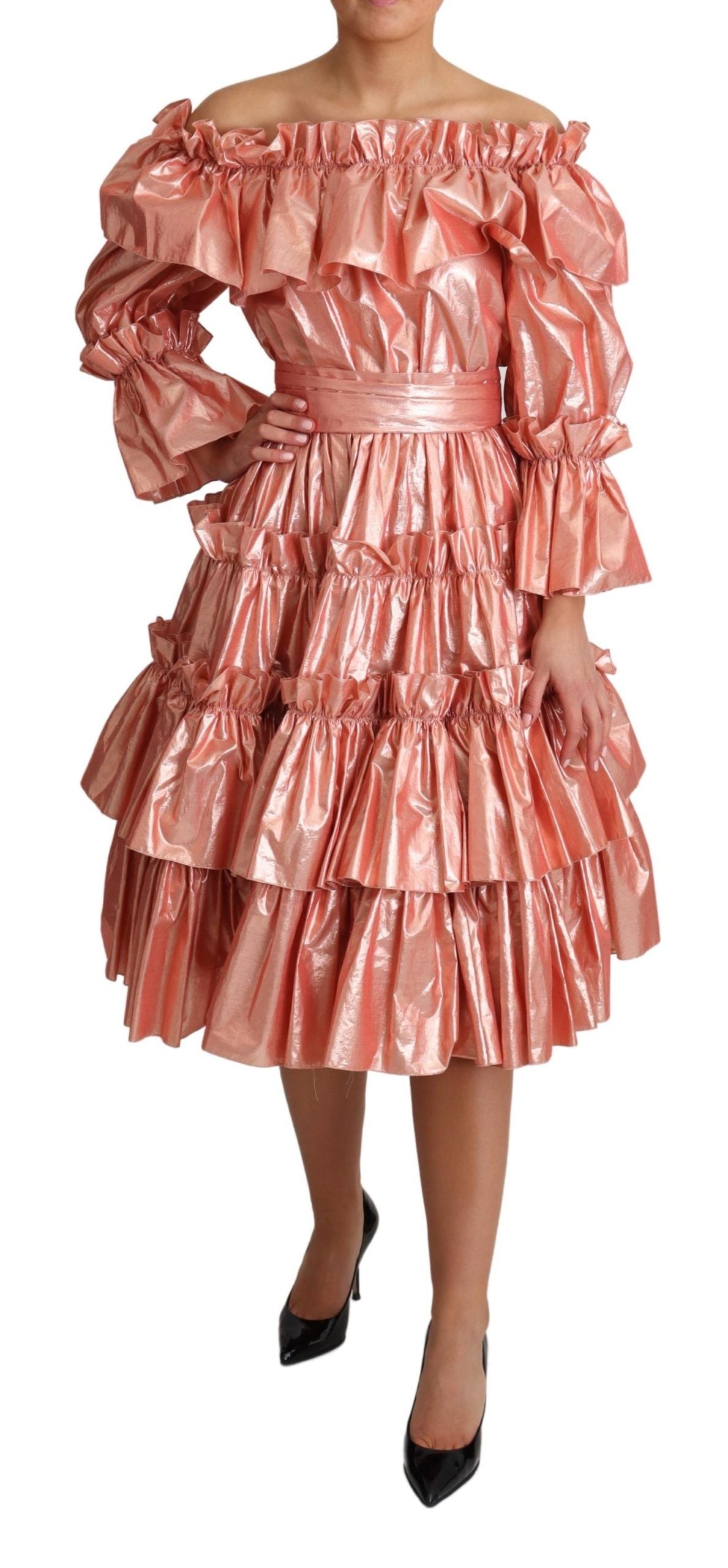 - Pink Metallic Ruffled Gown Elegance