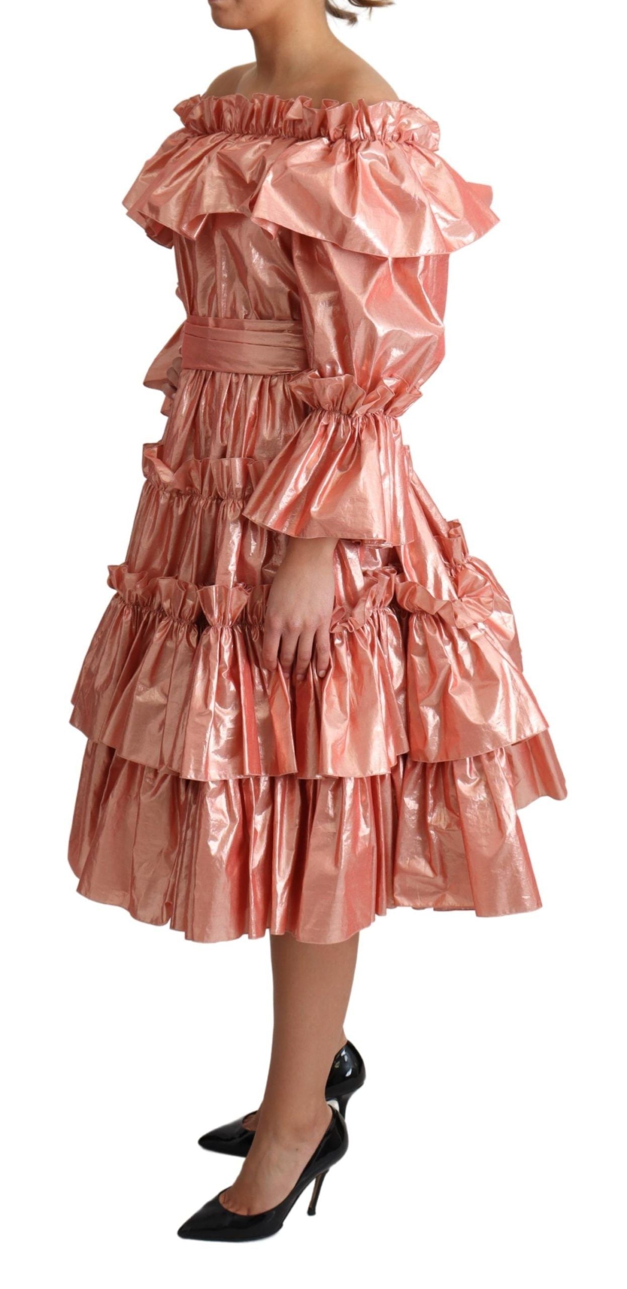 - Pink Metallic Ruffled Gown Elegance