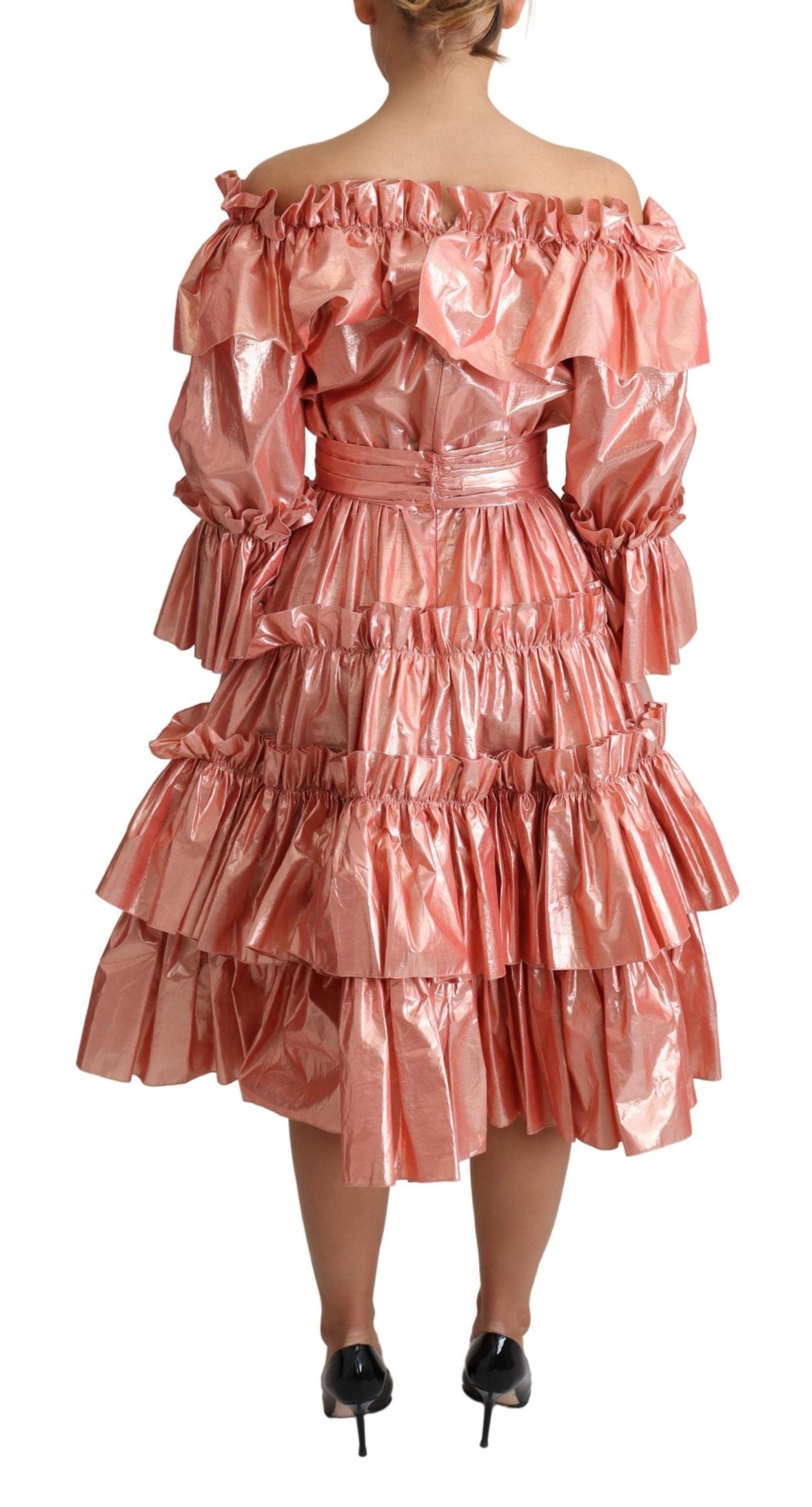 - Pink Metallic Ruffled Gown Elegance