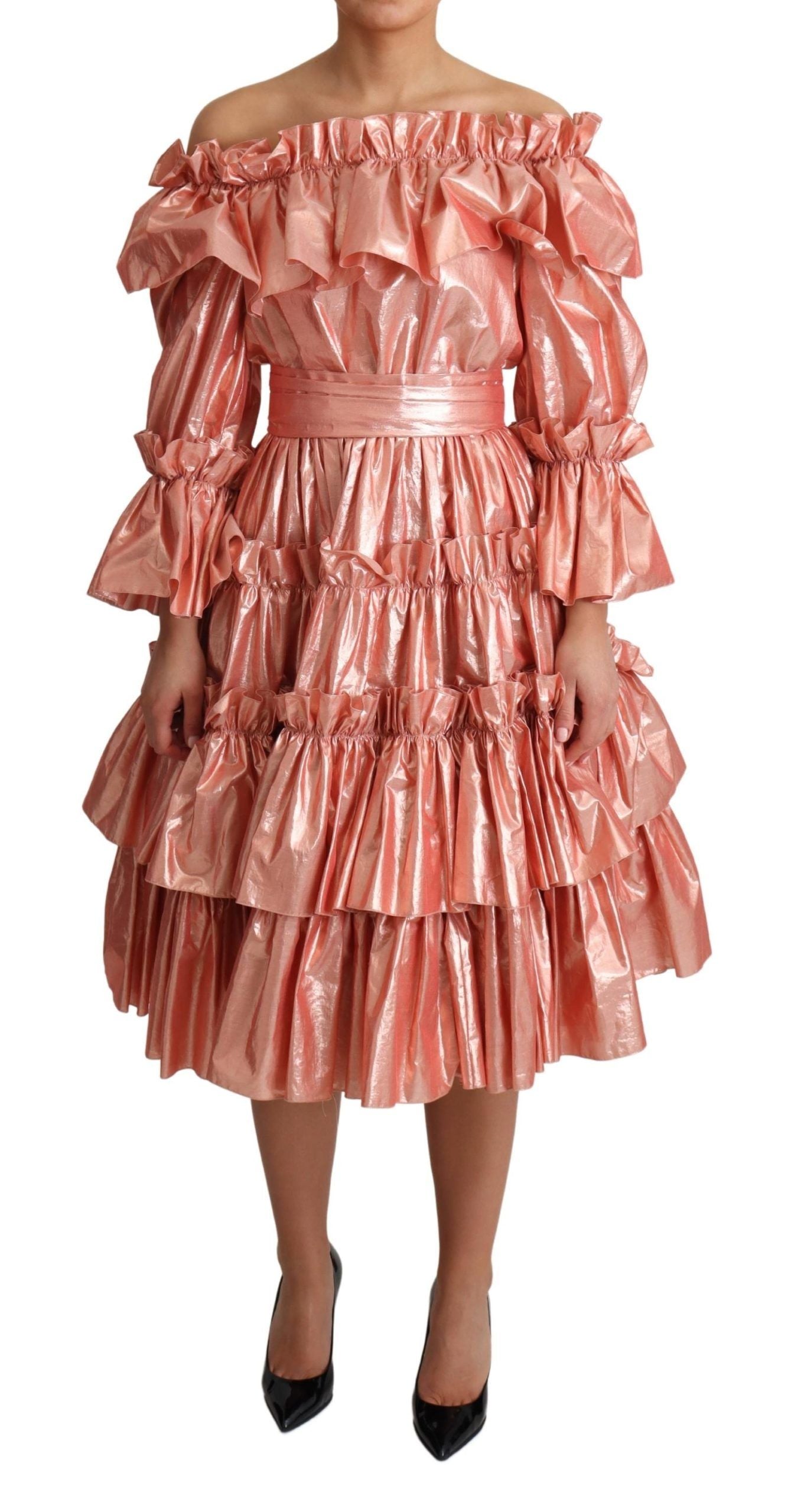 - Pink Metallic Ruffled Gown Elegance