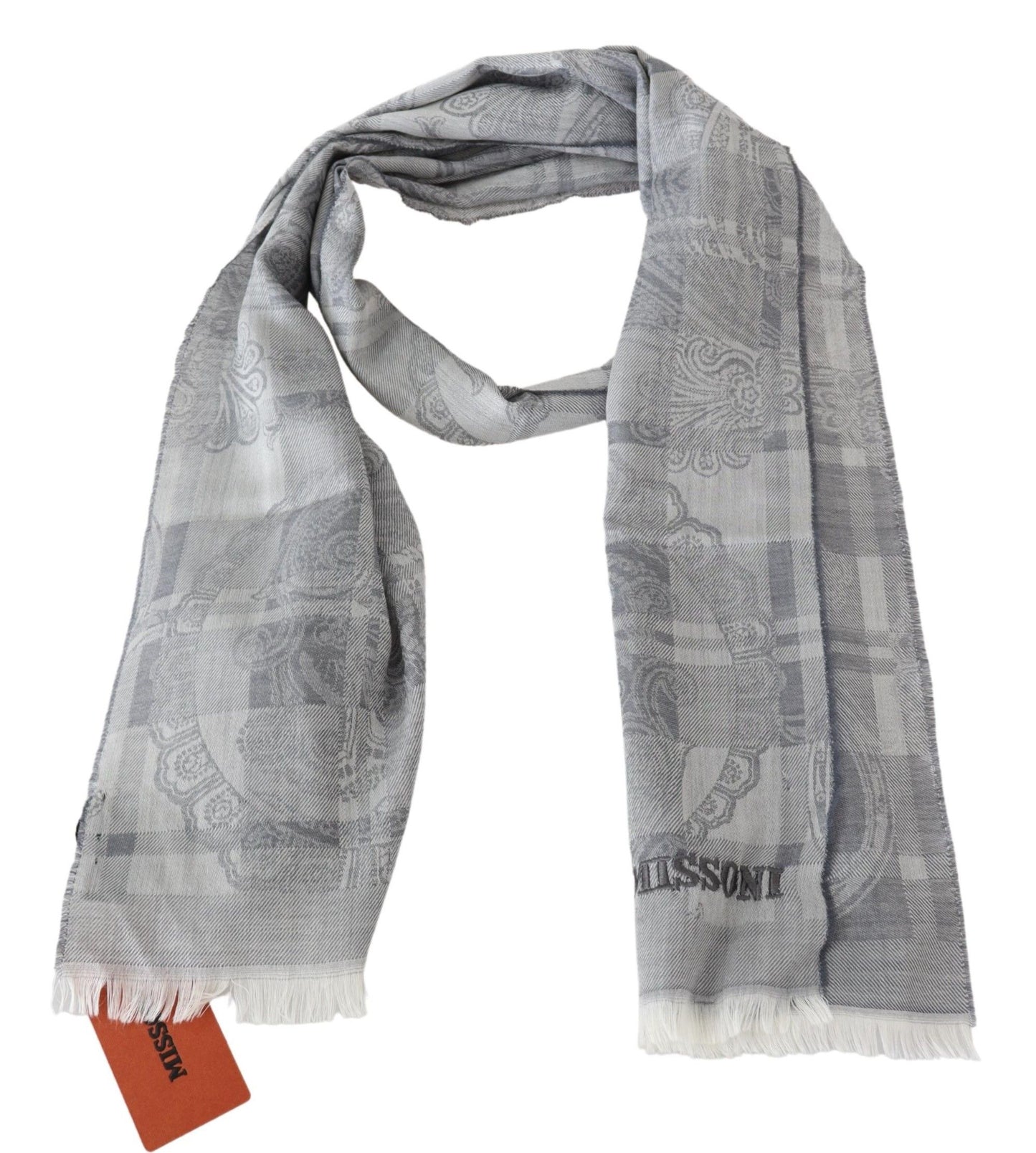 - Chic Unisex Gray Wool Scarf with Logo Embroidery