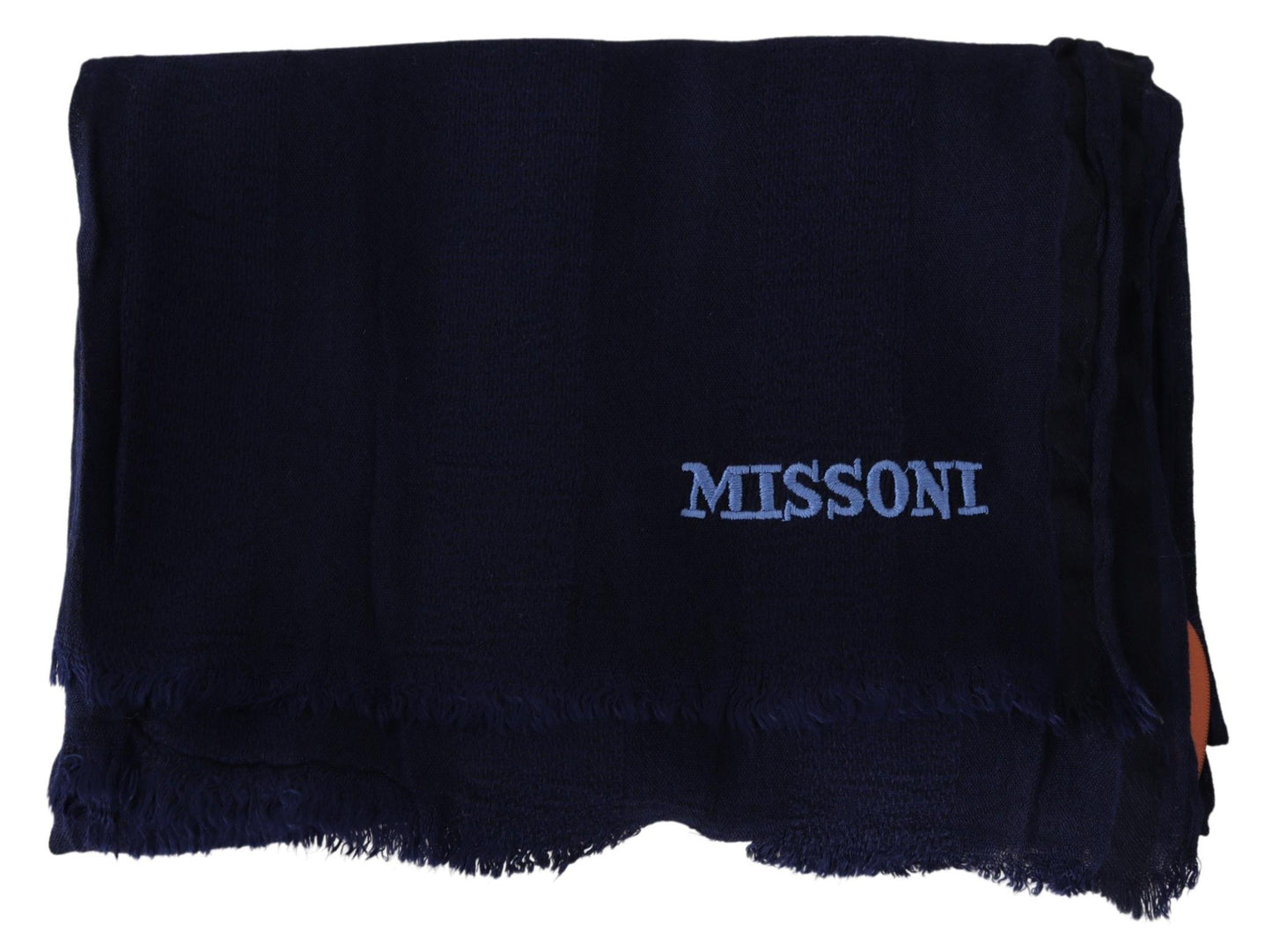 - Elegant Blue Wool Scarf with Embroidered Logo