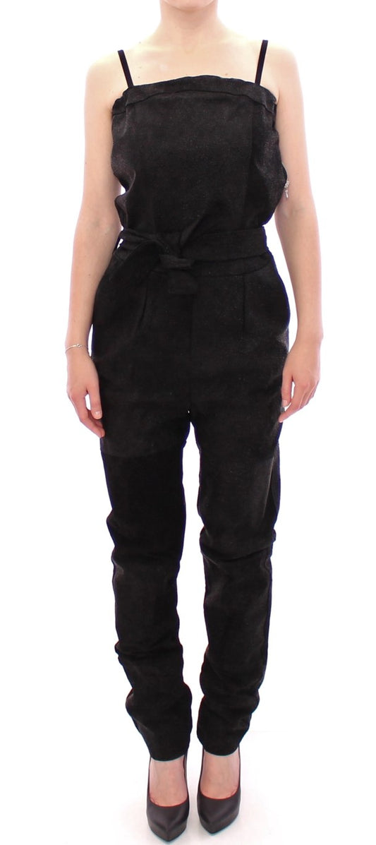 - Elegant Black Leather Jumpsuit with Waist Strap
