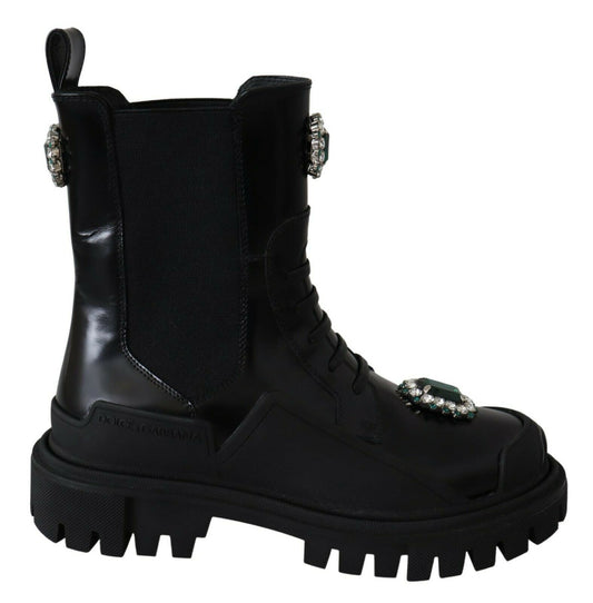 - Elegant Black Leather Combat Boots with Crystal Detail