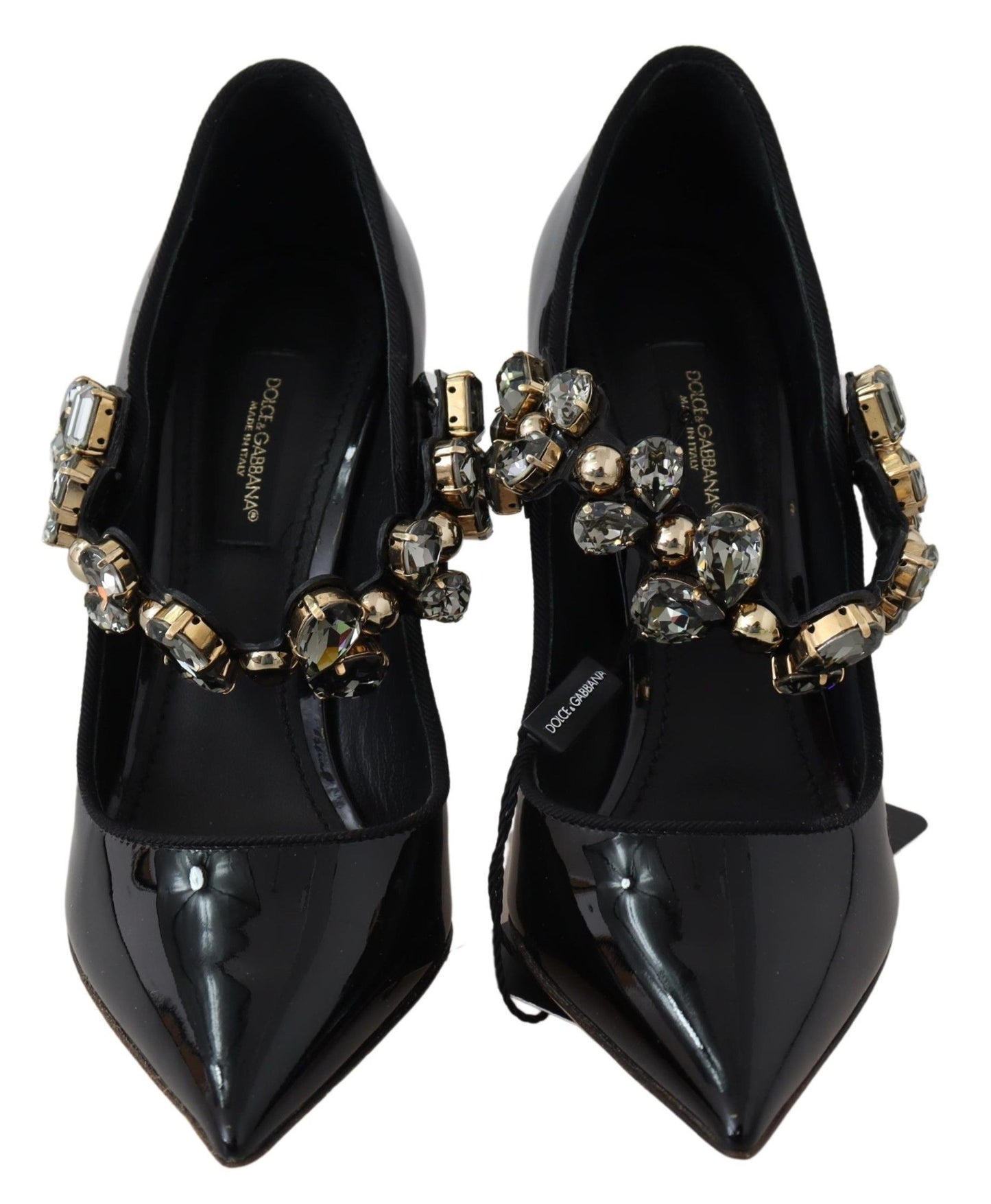 - Elegant Black Leather Crystal Pumps