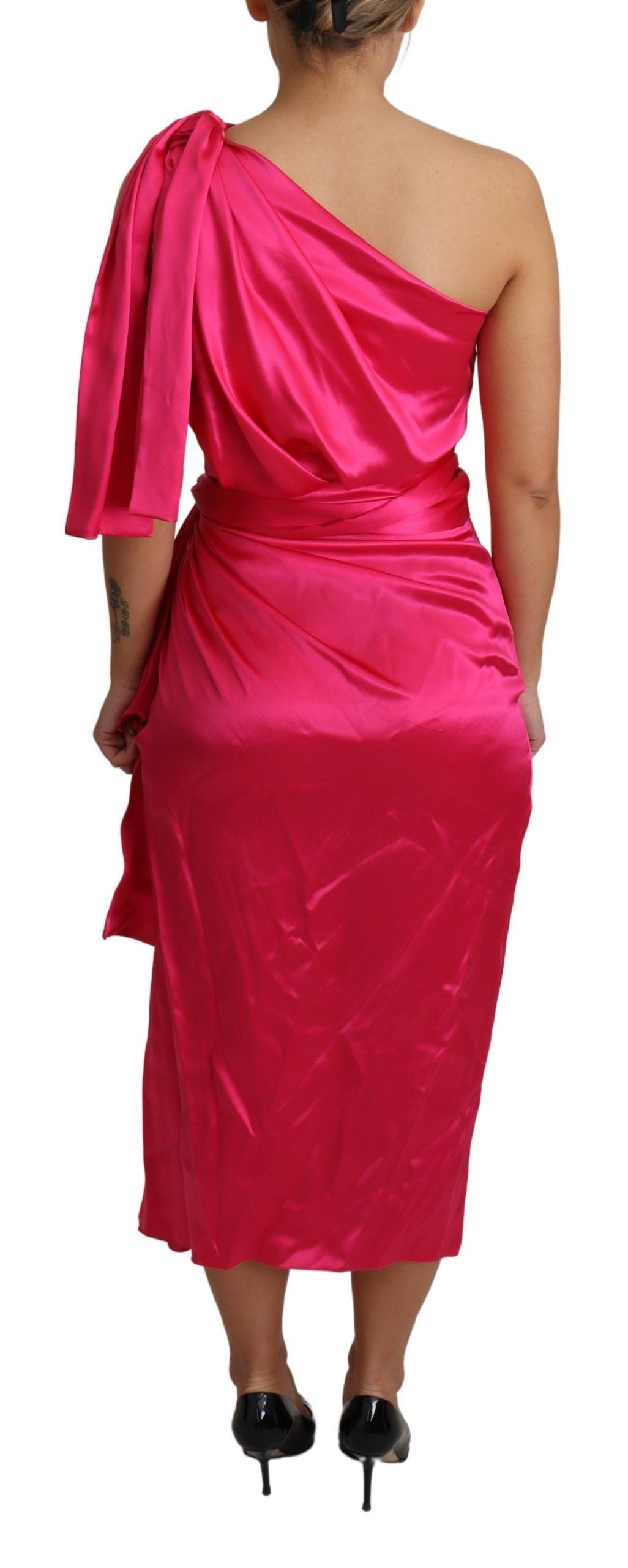 - Elegant Fuchsia Silk One-Shoulder Wrap Dress