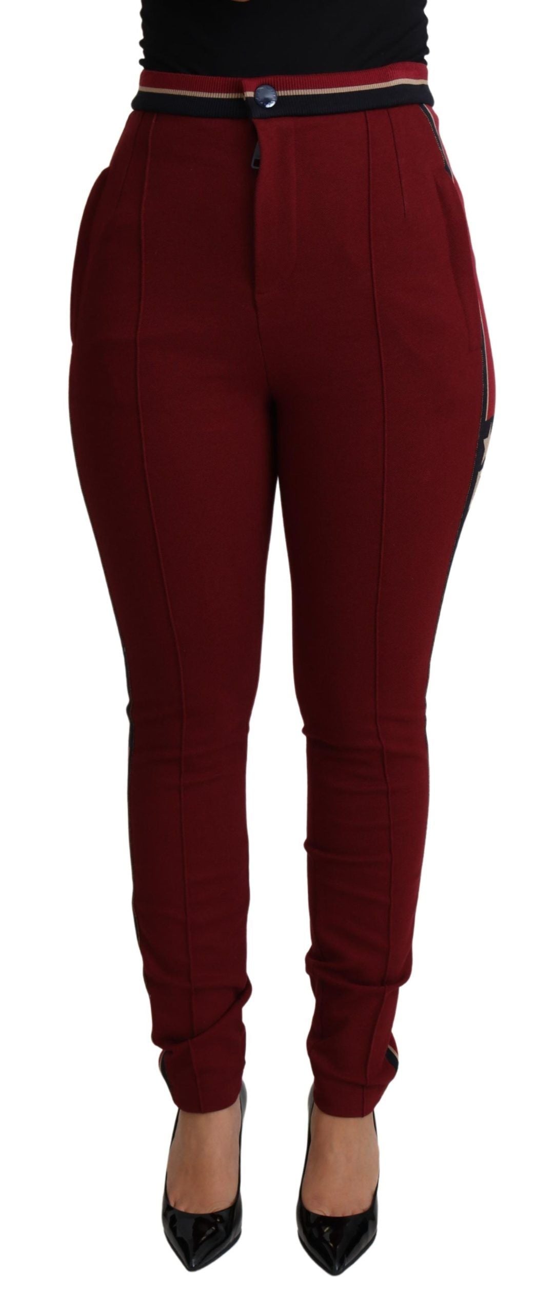 - High-Waist Embroidered Red Skinny Trousers