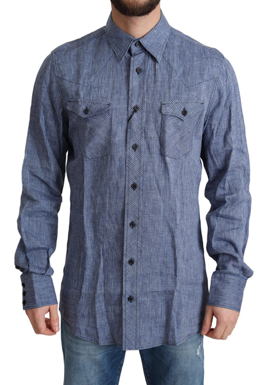 - Elegant Striped Linen Button-Down Shirt