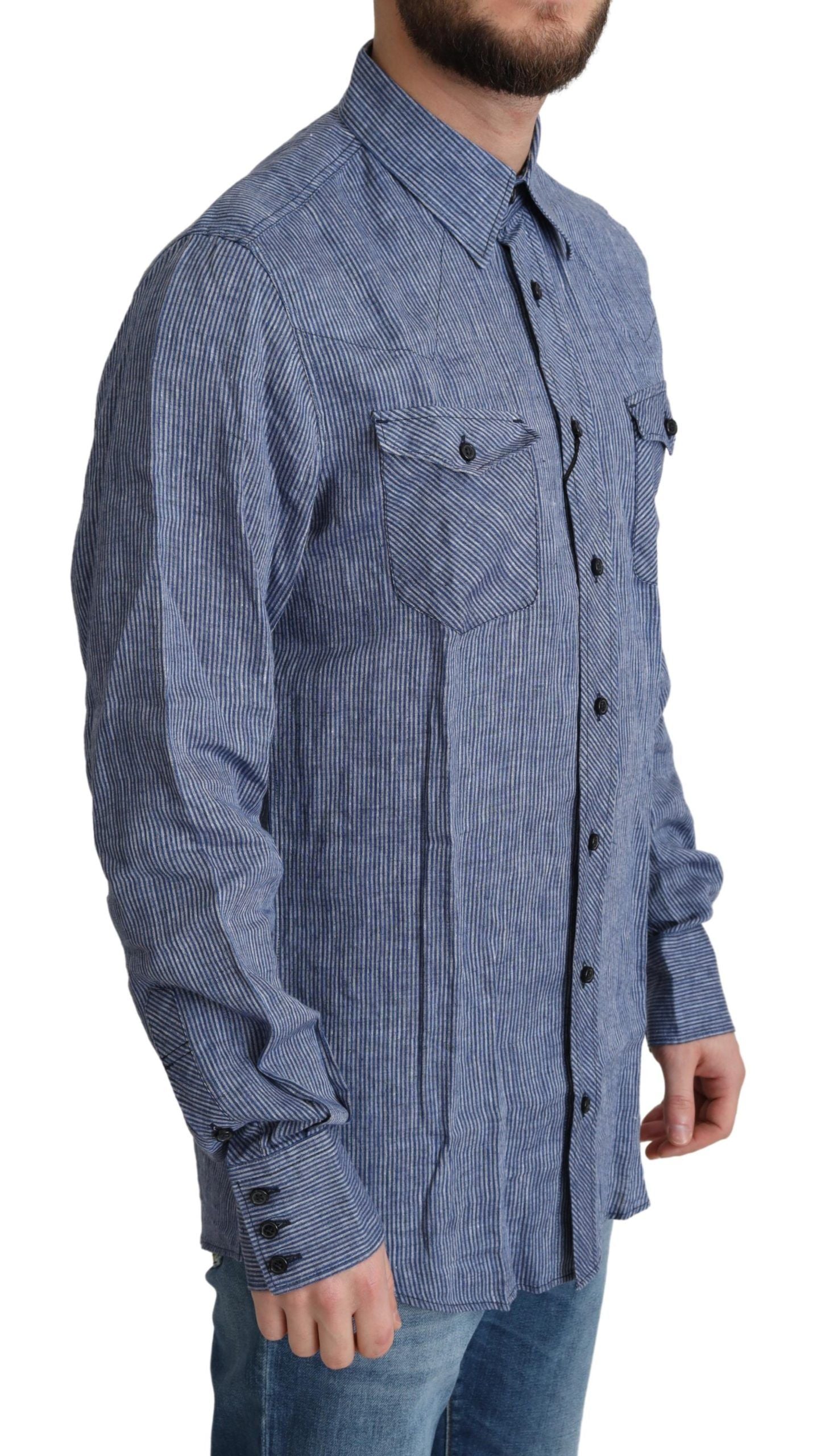 - Elegant Striped Linen Button-Down Shirt