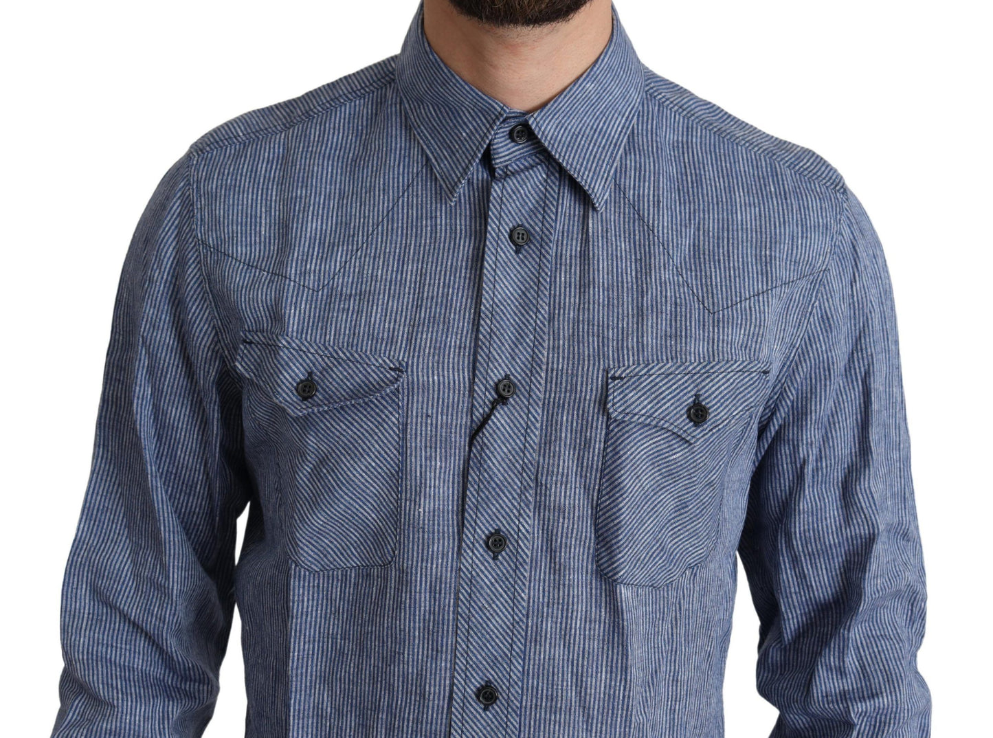 - Elegant Striped Linen Button-Down Shirt
