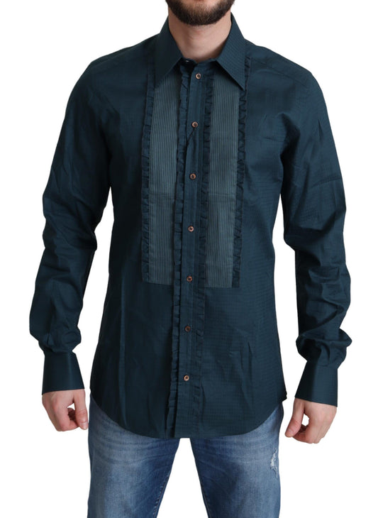 - Elegant Blue Ruffled Tuxedo Shirt