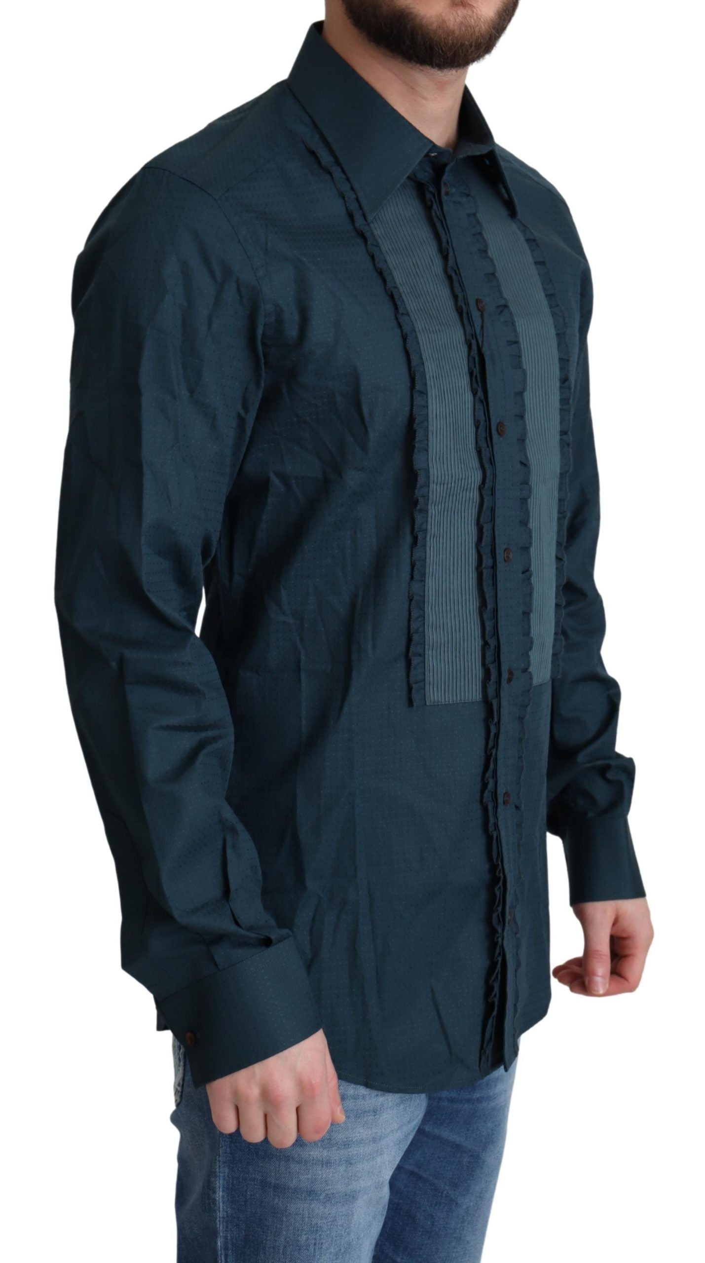 - Elegant Blue Ruffled Tuxedo Shirt