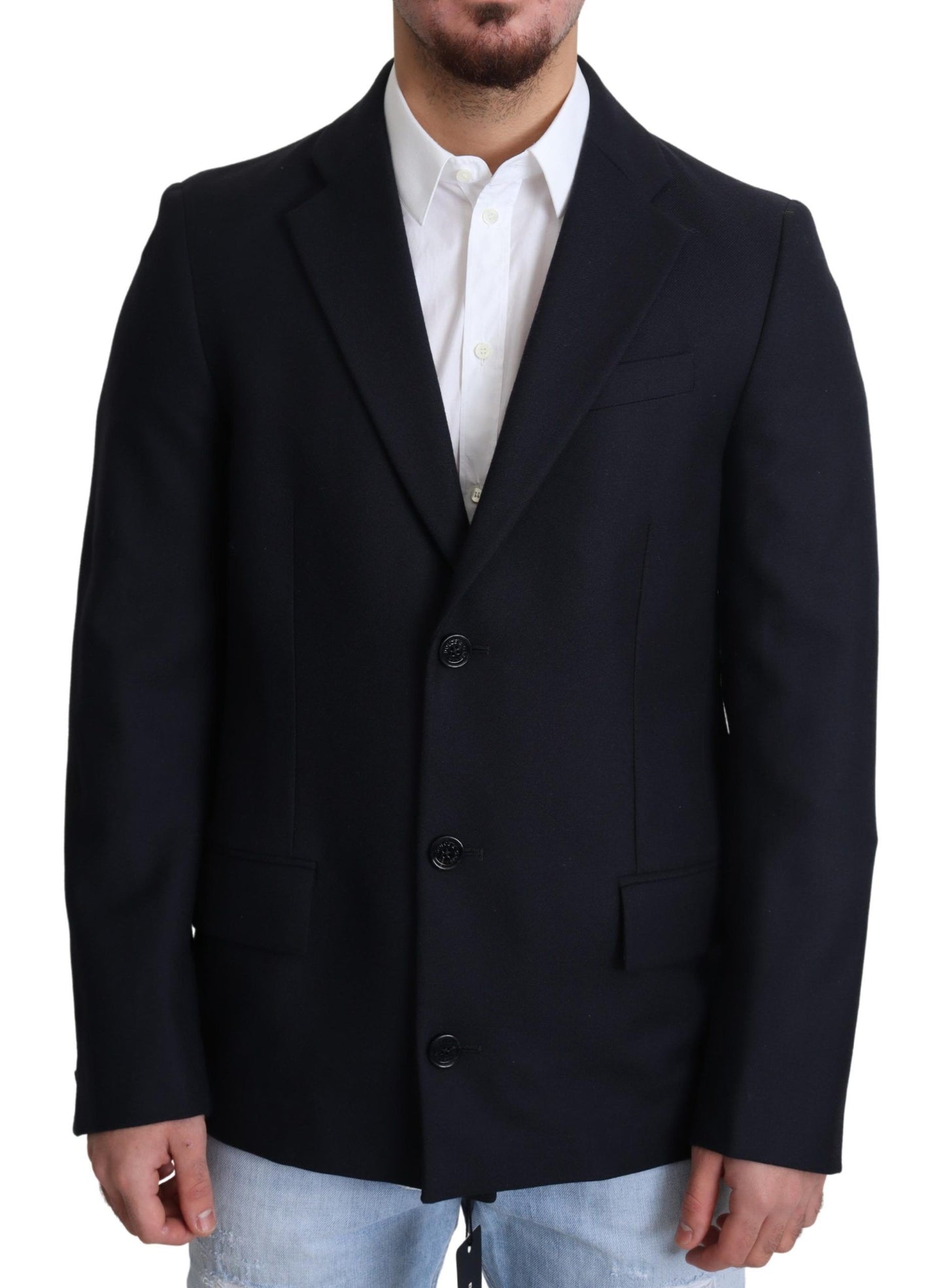 - Elegant Dark Blue Virgin Wool Men's Coat