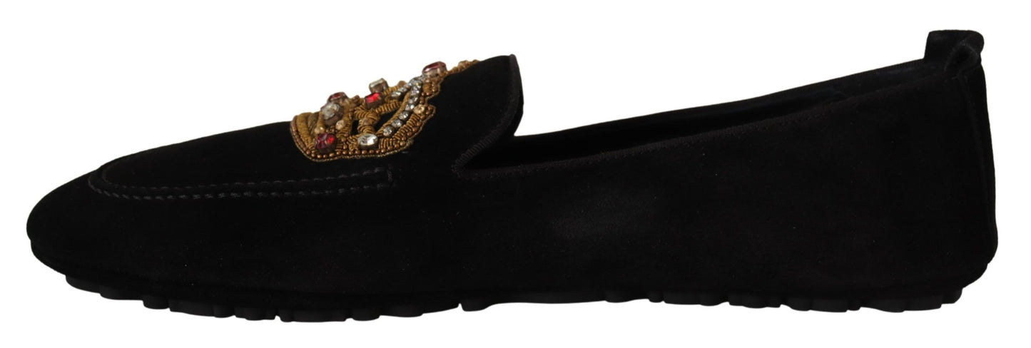 - Elegant Black Leather Loafer Slides with Gold Embroidery