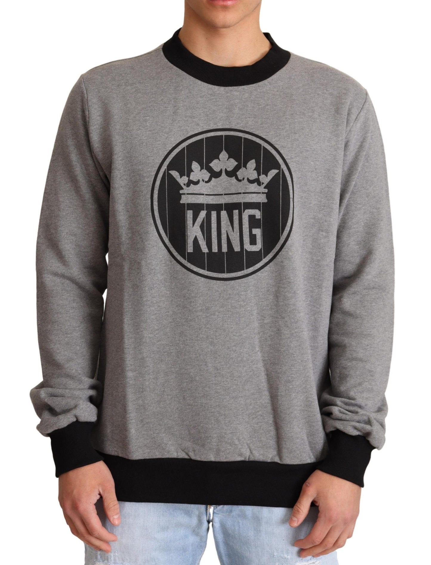 - Elegant Gray Crown Motif Crewneck Sweater