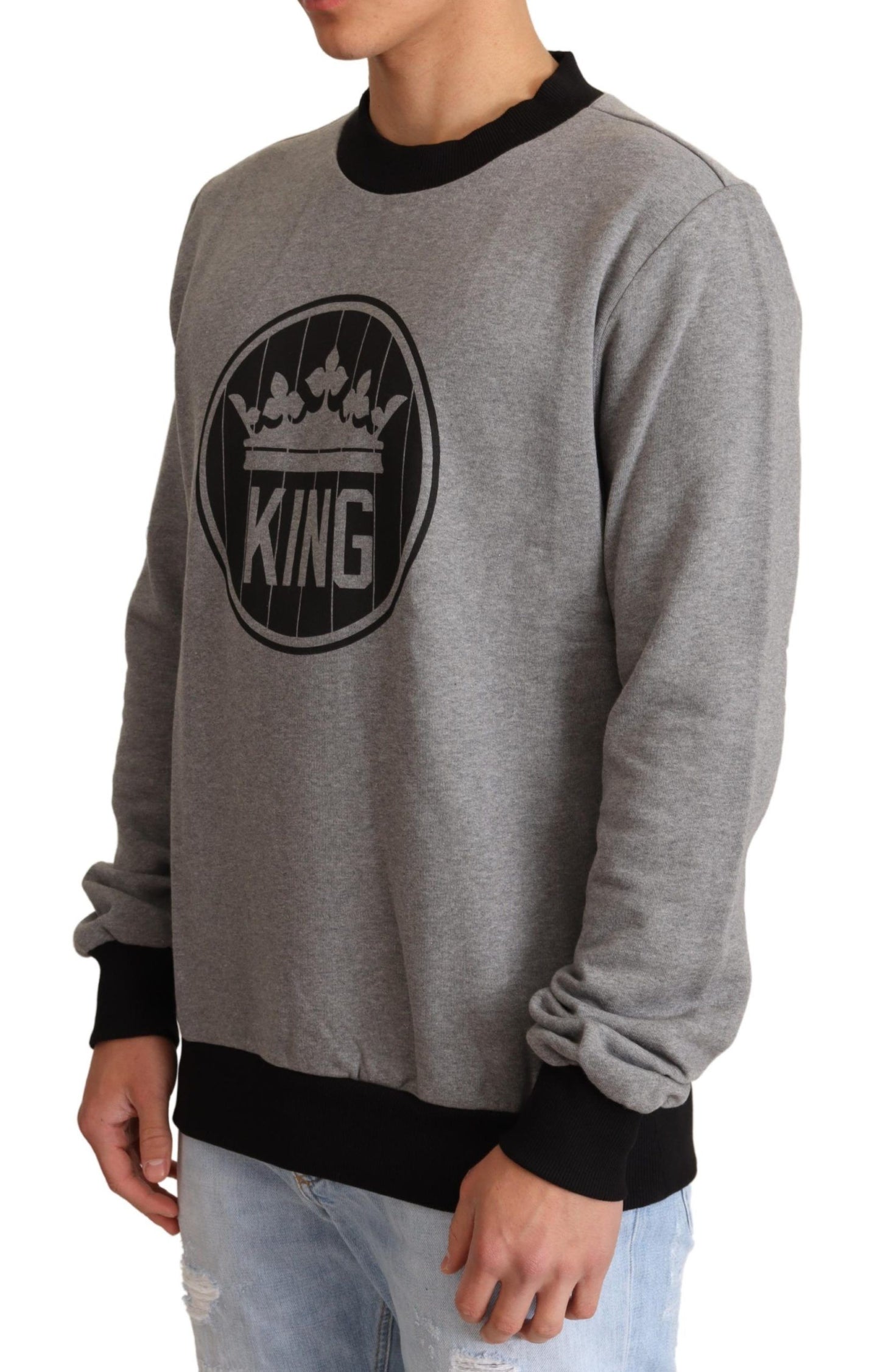 - Elegant Gray Crown Motif Crewneck Sweater