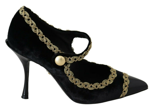 - Elegant Gold-Embroidered Black Velvet Pumps