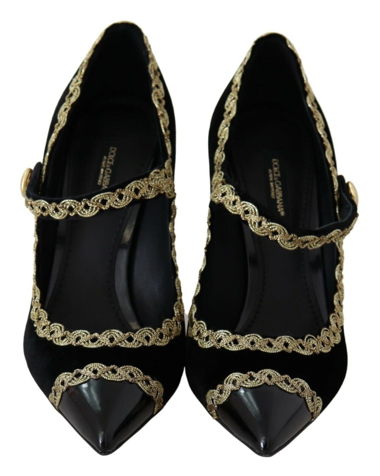- Elegant Gold-Embroidered Black Velvet Pumps