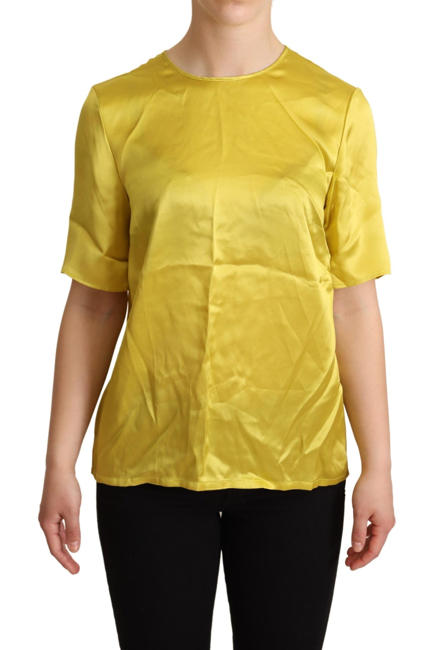 - Elegant Silk Short Sleeve Blouse Top - Yellow