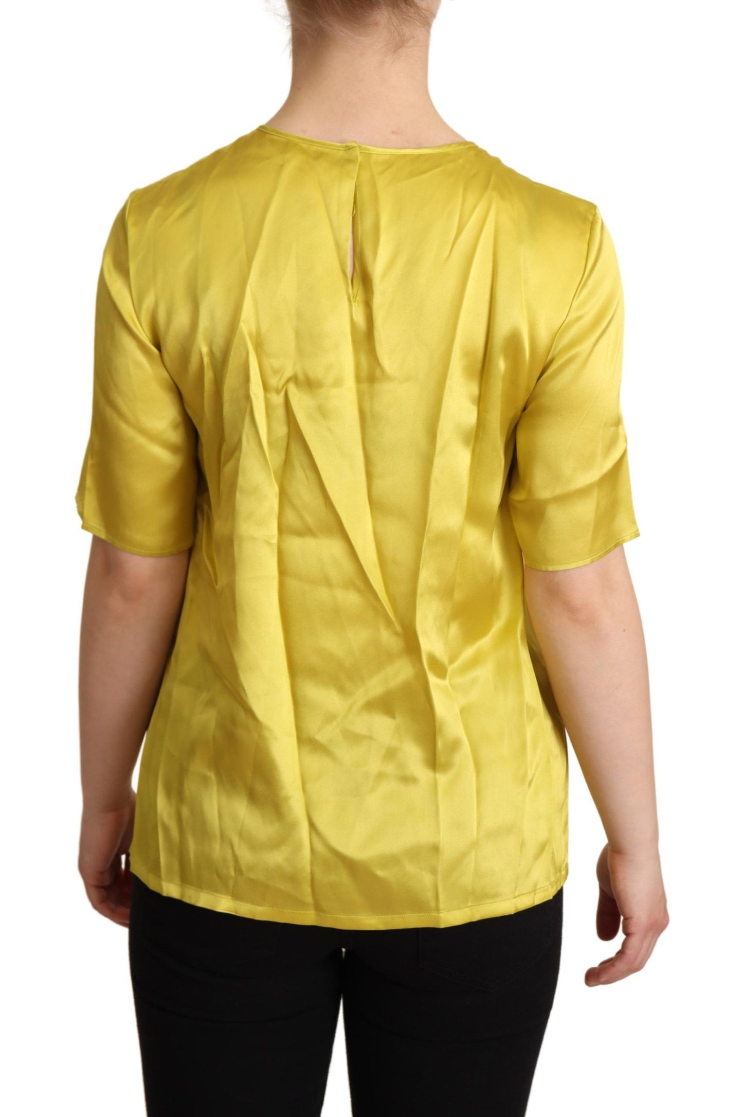 - Elegant Silk Short Sleeve Blouse Top - Yellow
