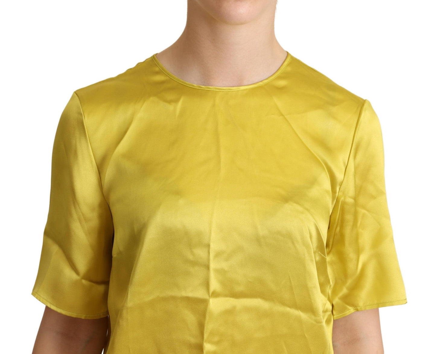 - Elegant Silk Short Sleeve Blouse Top - Yellow