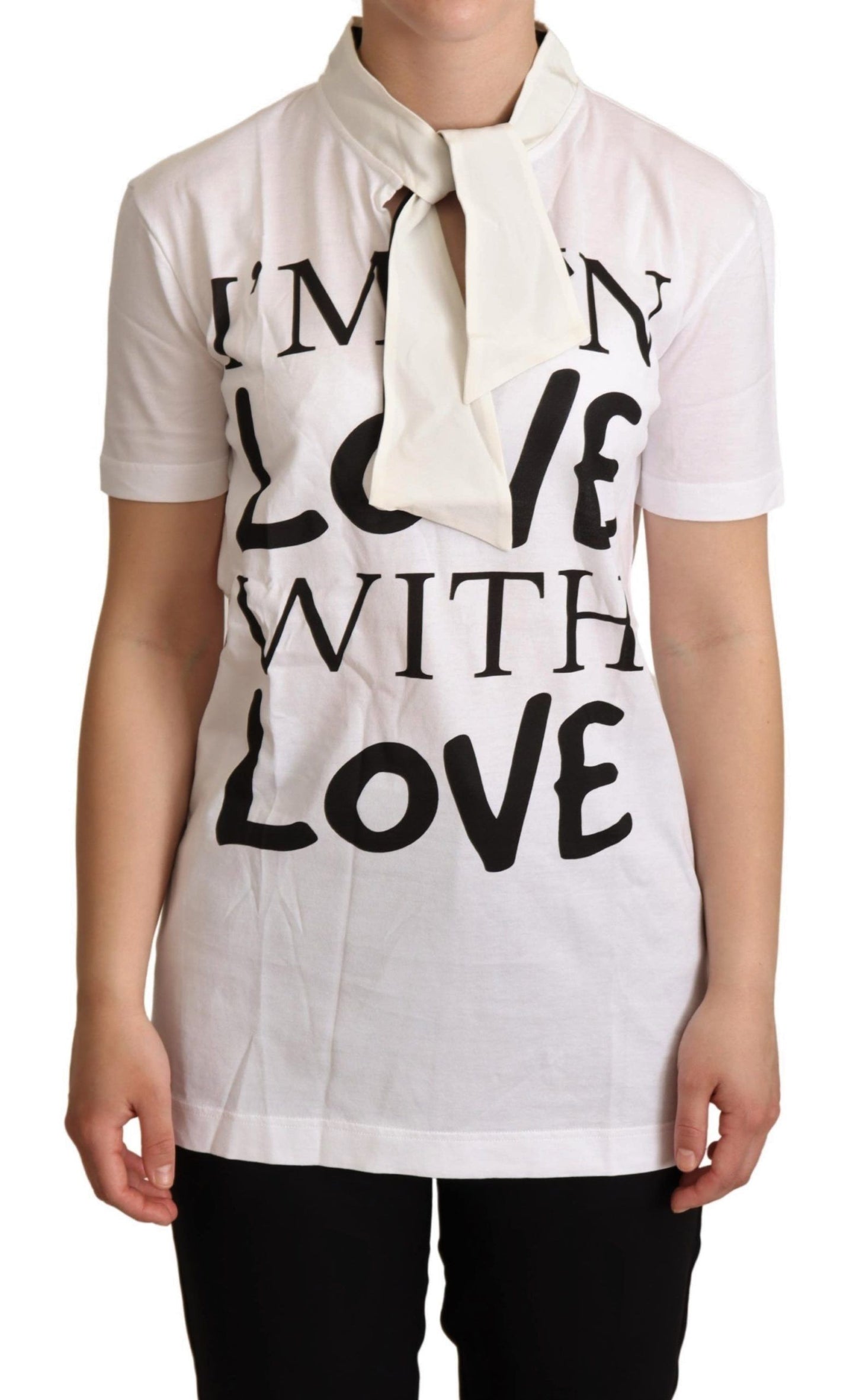 - Chic White Love Motif Silk-Blend Tee