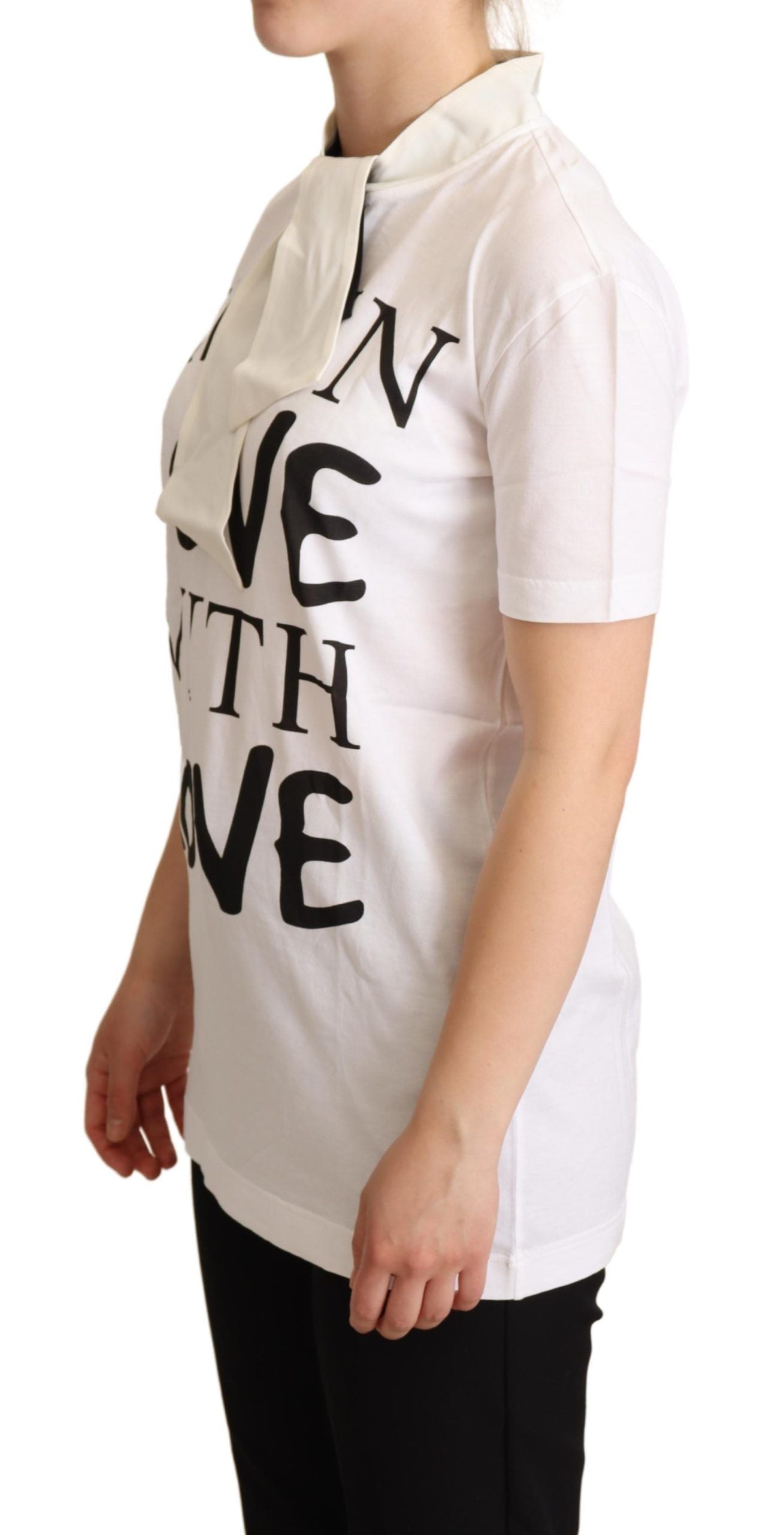- Chic White Love Motif Silk-Blend Tee