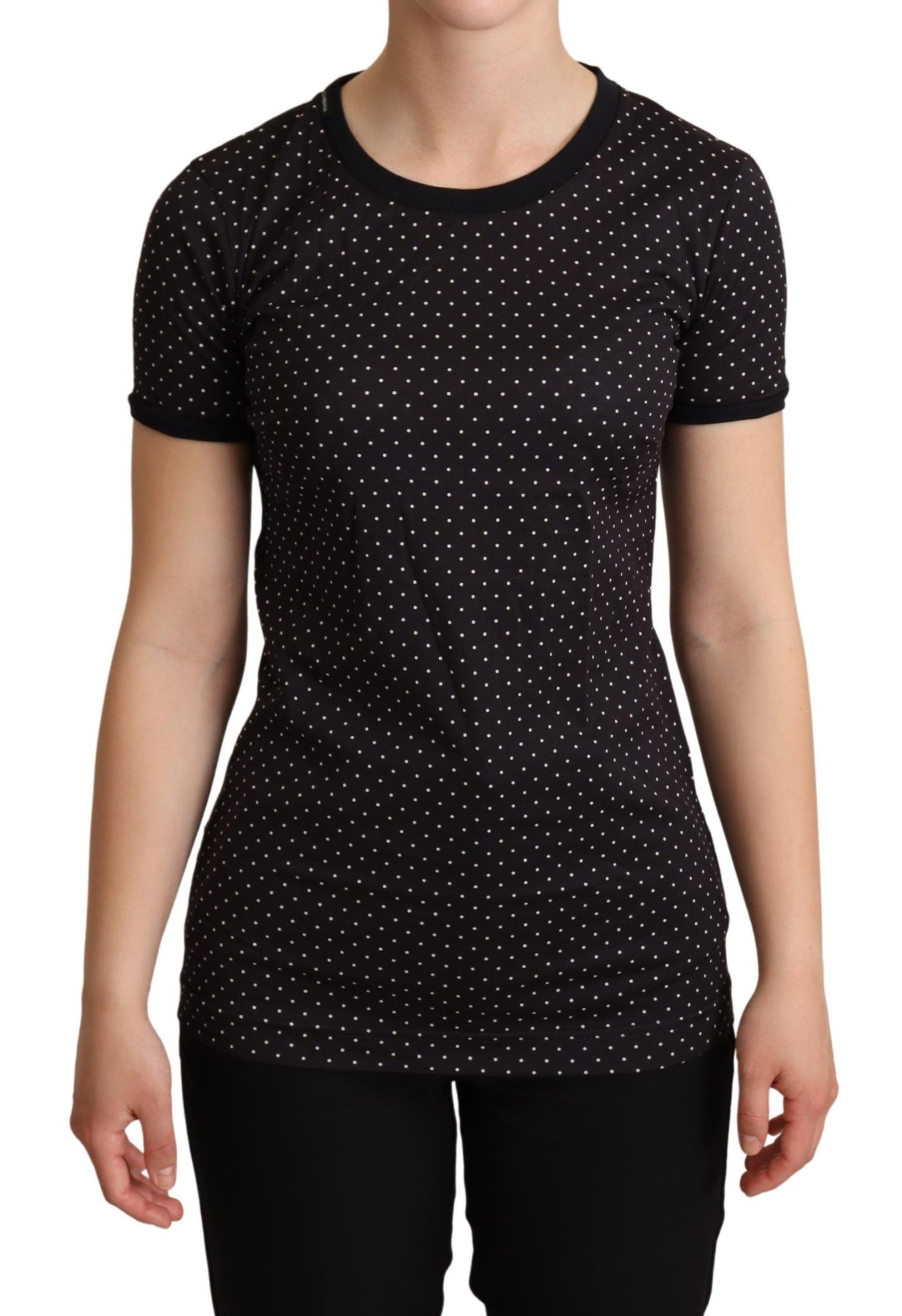 - Polka Dotted Black Short Sleeve Crewneck Top
