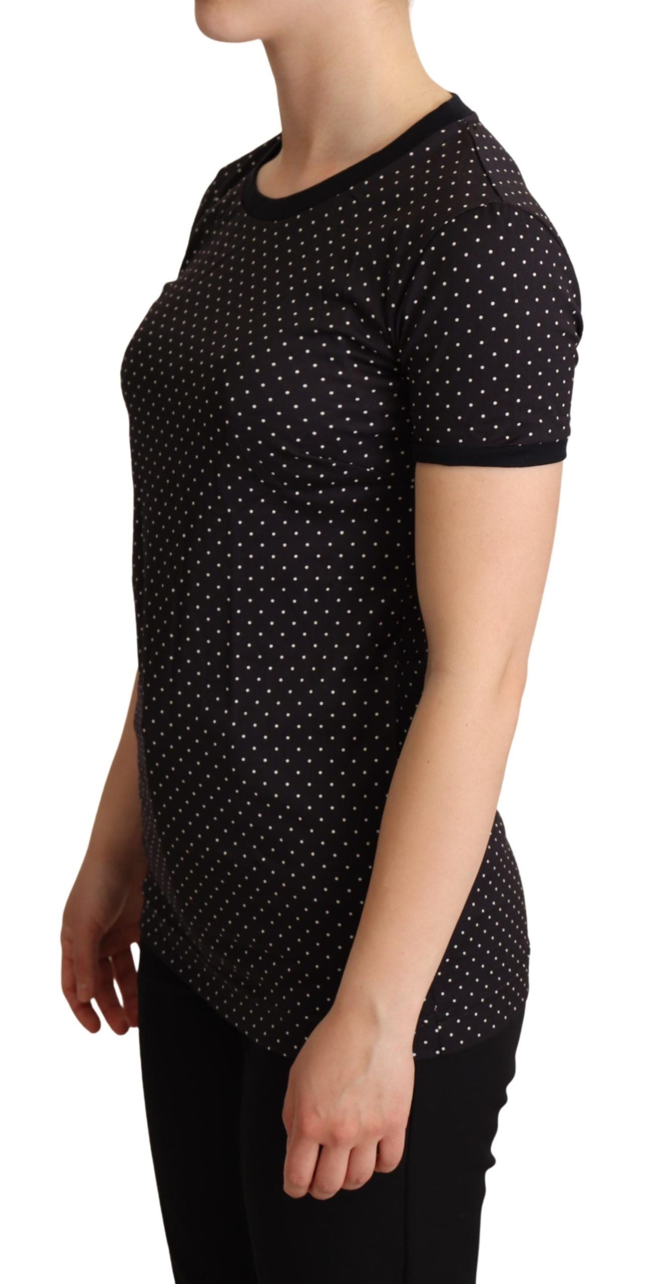 - Polka Dotted Black Short Sleeve Crewneck Top
