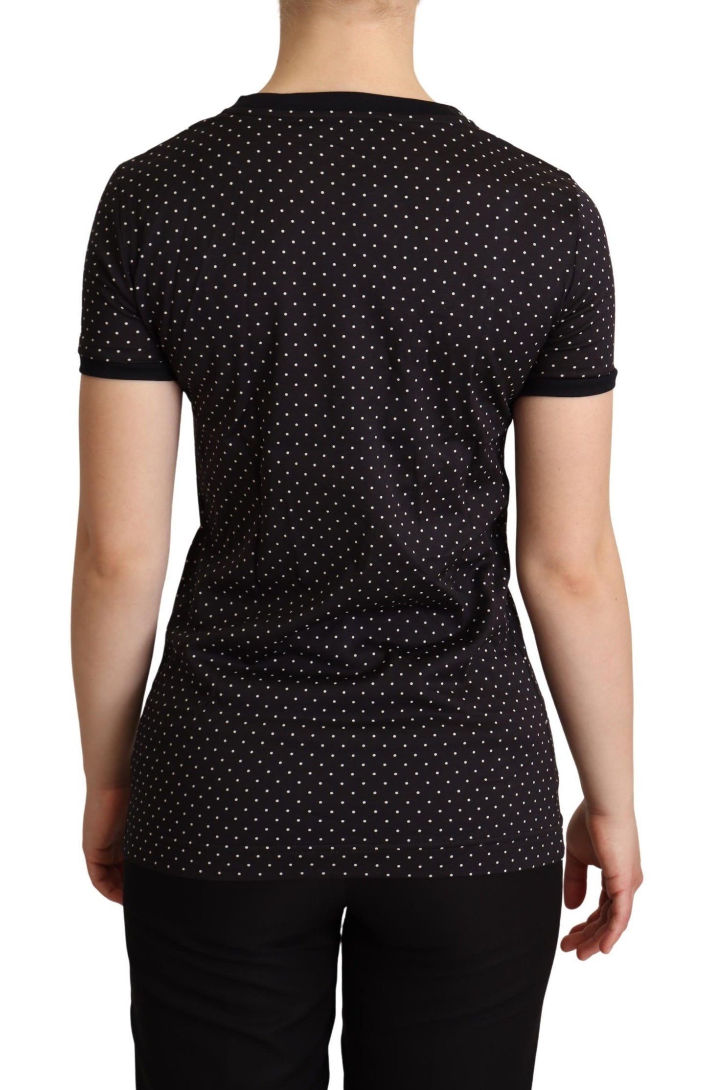 - Polka Dotted Black Short Sleeve Crewneck Top