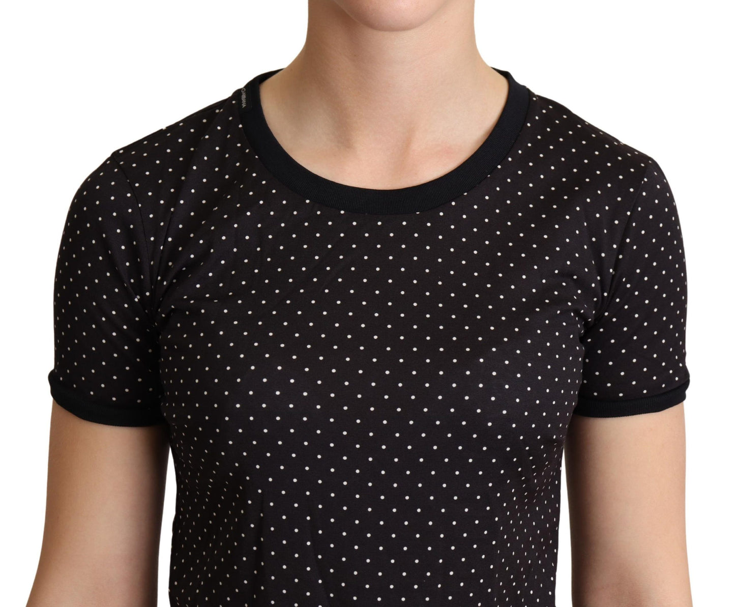 - Polka Dotted Black Short Sleeve Crewneck Top